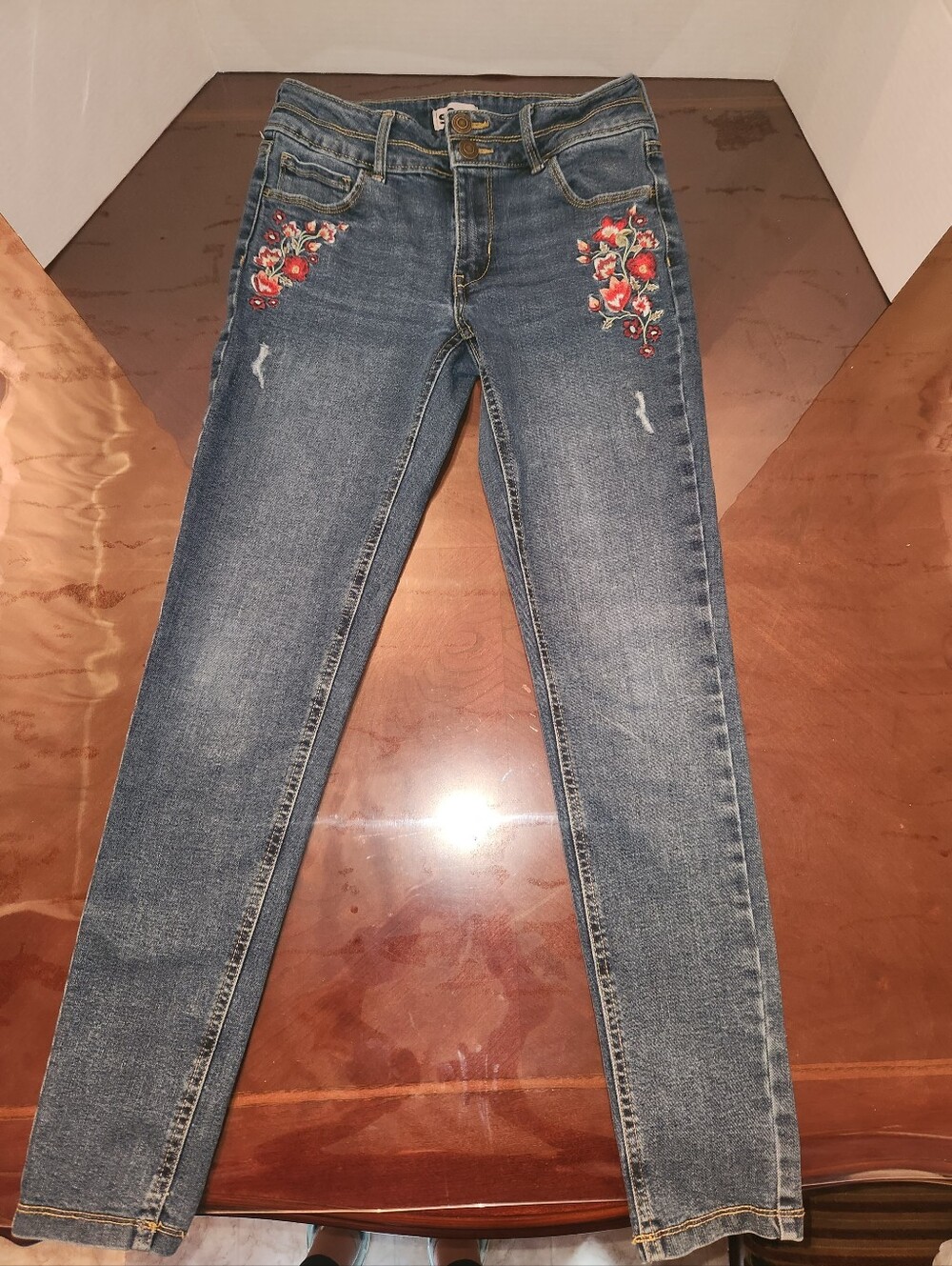 Girl's Flower Embroidered Blue Jeans